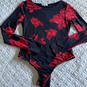 Floral Long Sleeve Bodysuit - Black and Red
